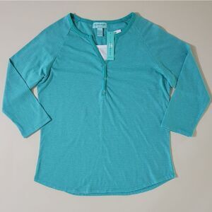 Silverwear New York Women's Teal Stripe Henley Style Pullover Top